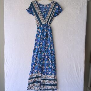Junior's‎ Blue Floral Farmhouse Cottage Maxi Wrap Dress Size M